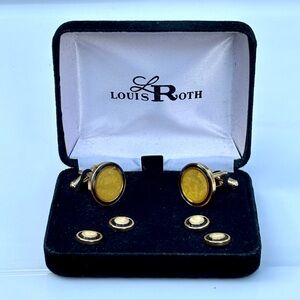 Vintage Louis Roth Cufflinks & Studs, Round Gold-Tone Enamel New Old Stock
